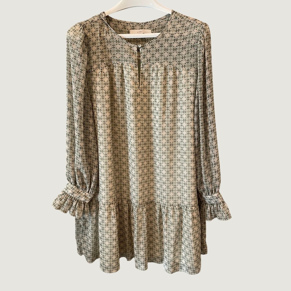 LOFT Women Green Pink Geometric Tile Print Ruffle Hem Shift Mini Dress Large